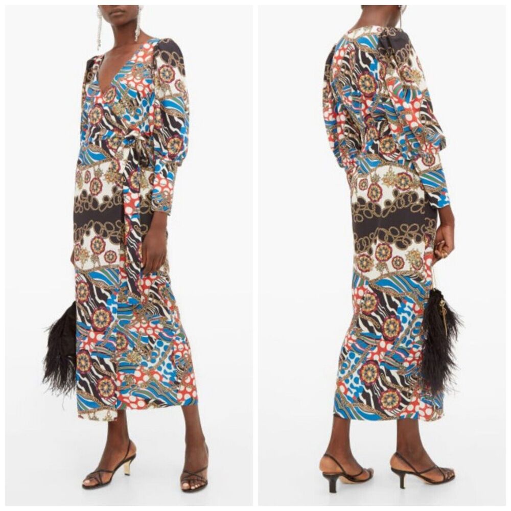 Rhode Aspen Abstract Scarf Print Puff Sleeve Wrap Midi Dress $675 XS